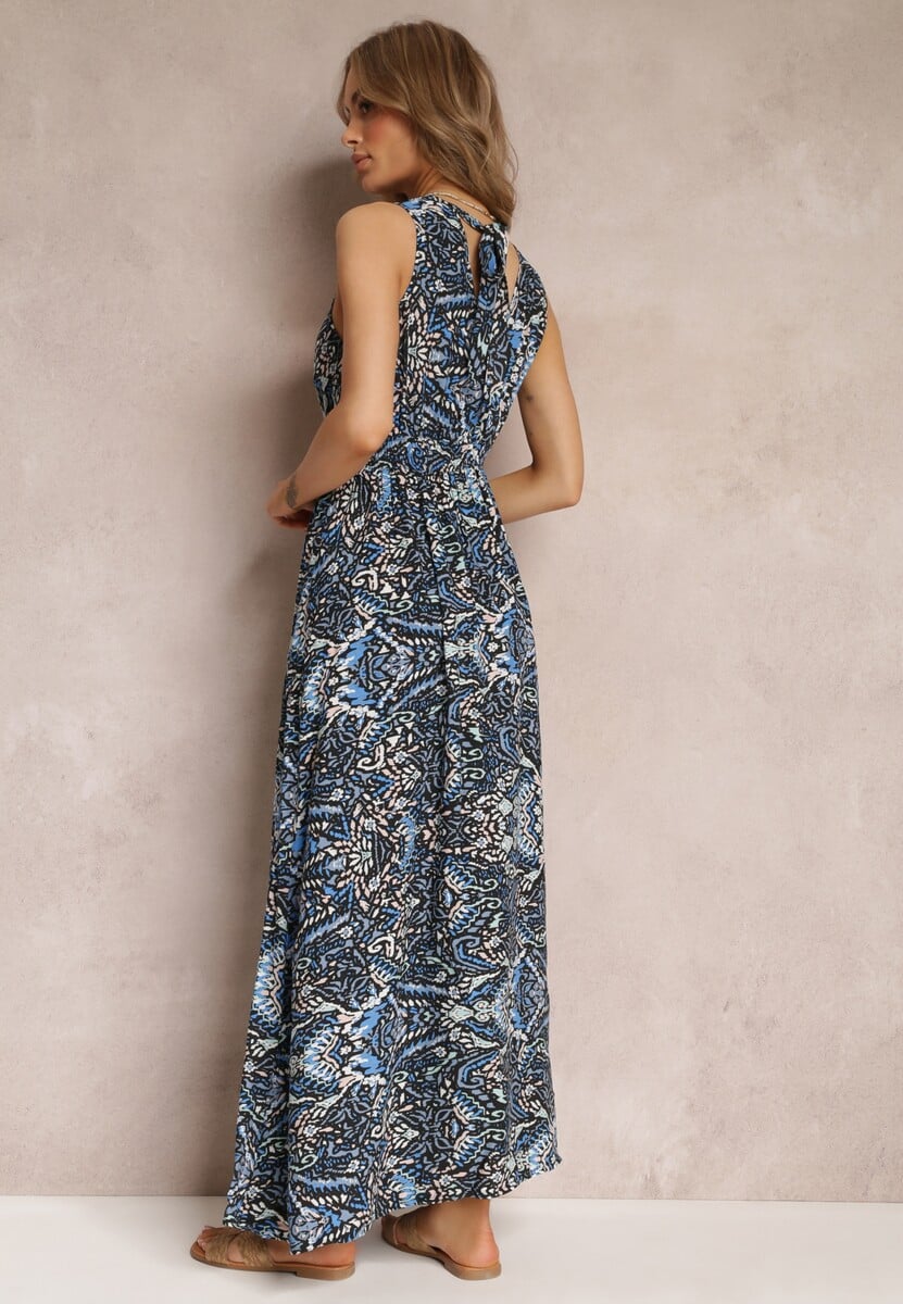 Granatowo-Czarna Długa Sukienka Kopertowa Wiązana z Tyłu z Wiskozy Saolene