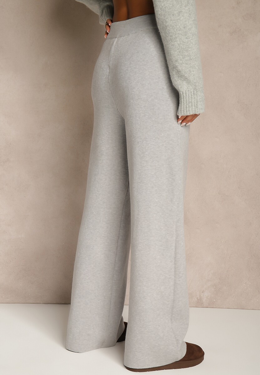 Szare Szerokie Spodnie Dzianinowe Ozdobione Sznurkami Meretusa