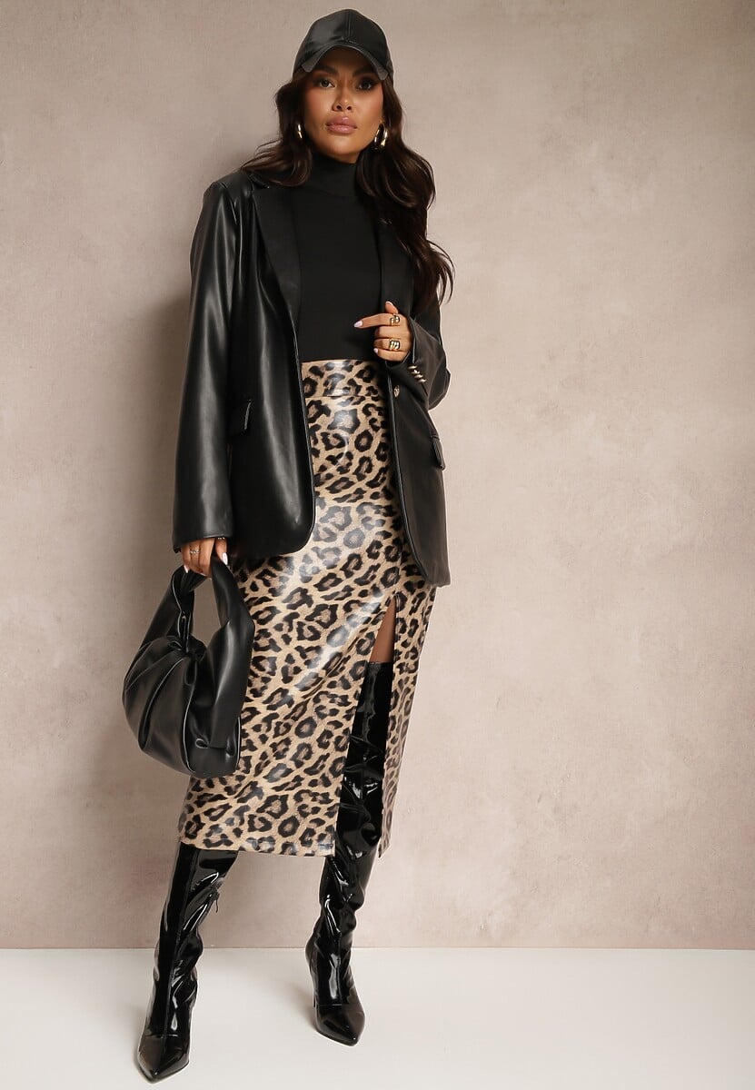 Brązowa Ołówkowa Spódnica High Waist w Panterkę z Rozcięciem Tamionwea