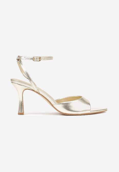 Złote Sandały na Szpilce z Paskiem z Klamerką i Lakierowanym Połyskiem Celafere