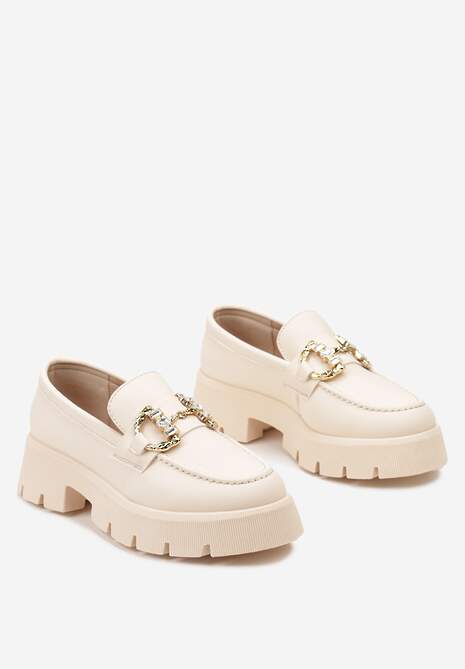 Beżowe Mokasyny z Grubą Podeszwą w Kolorze Cholewki z Klamrą Rosarose