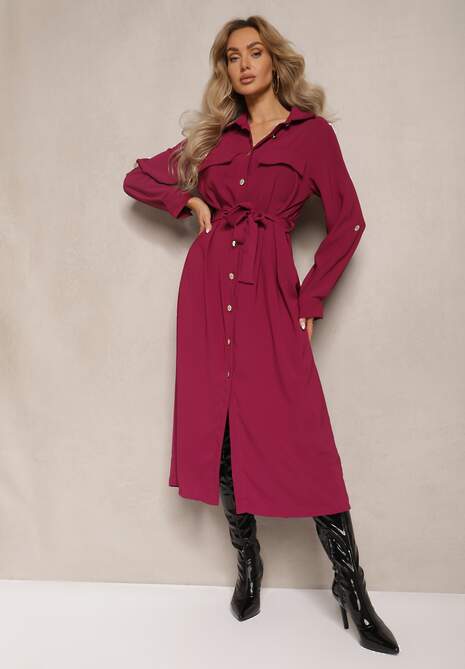 Bordowa Rozkloszowana Sukienka o Koszulowym Kroju z Guzikami Wiązana w Talii Kortiana