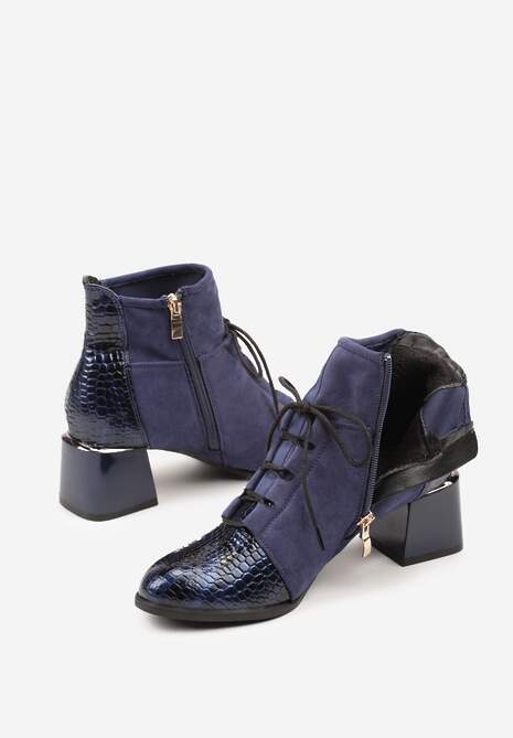 Niebieskie Botki Typu Trzewiki Vices na Słupku Ozdobione Lakierowanymi Elementami Adenella