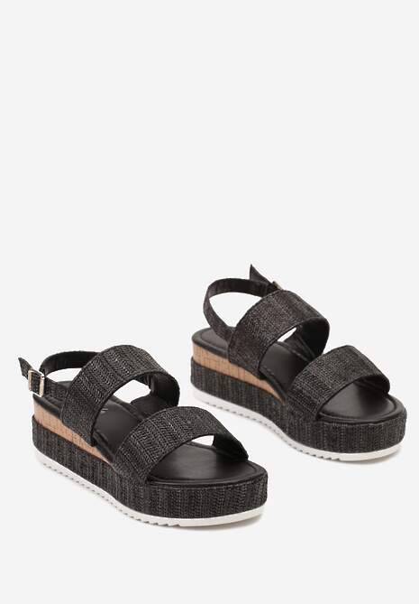 Czarne Sandały na Platformie z Koturnie z Ozdobną Plecionką i Sprzączką Meepora