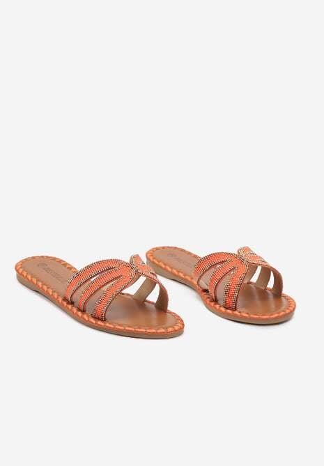 Pomarańczowe Klapki na Płaskiej Podeszwie ze Zdobieniami Vornia