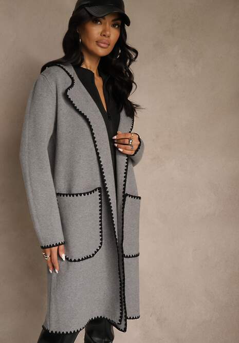 Szary Kardigan z Haftowaną Lamówką Tuscele