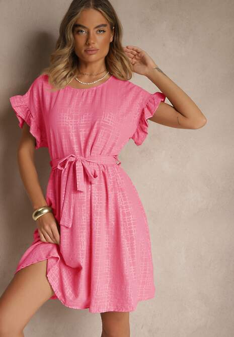 Fuksjowa Sukienka z Paskiem i Falbankami przy Rękawach Folunelle