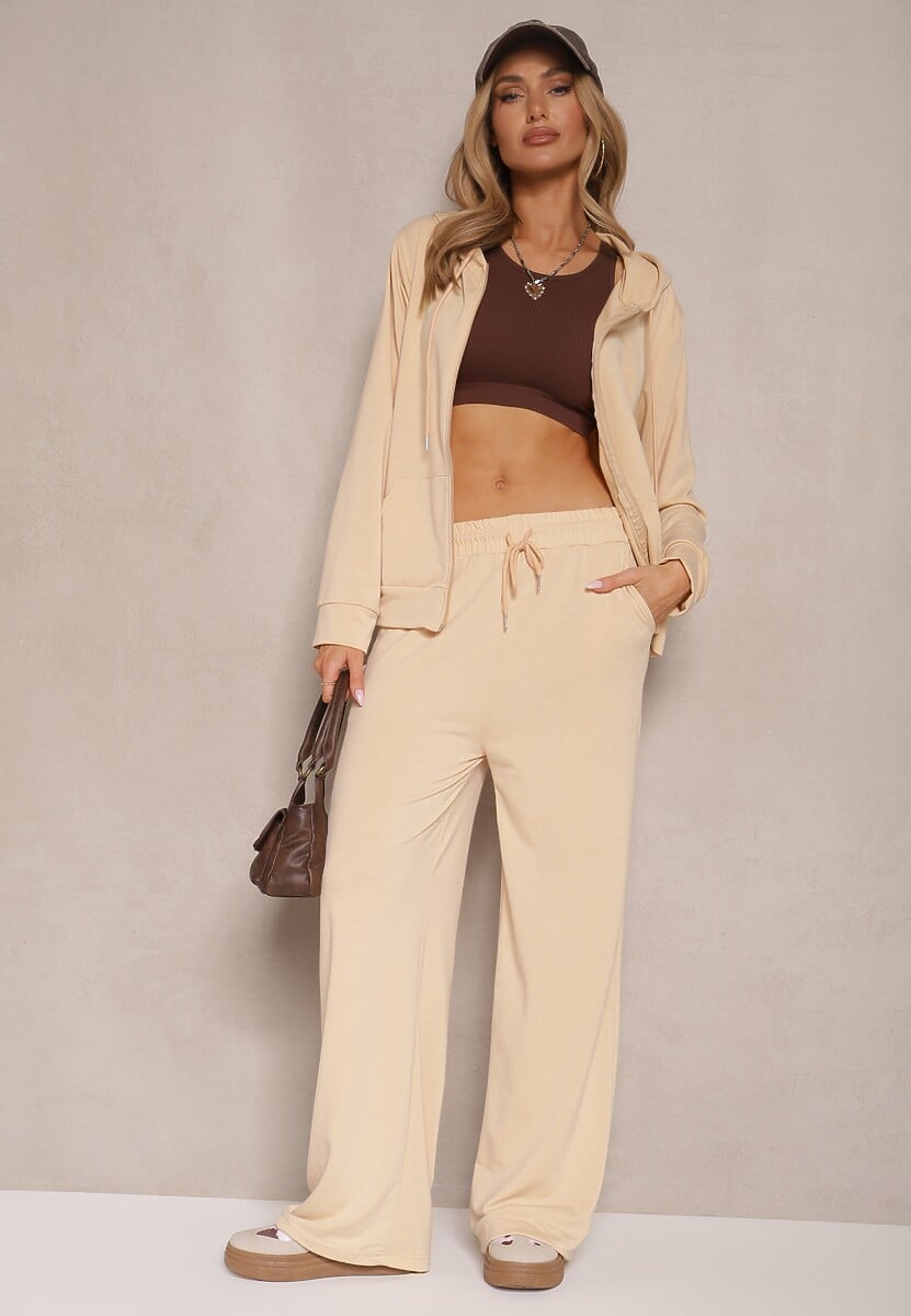 Jasnożółty Luźny Komplet Dresowy Szerokie Spodnie i Bluza z Kapturem Gossame