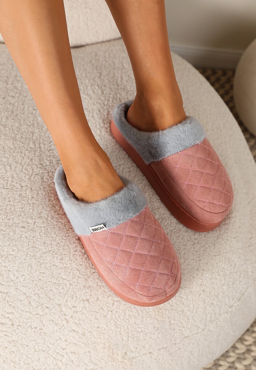 Ciemnoróżowe Kapcie Futrzane Vices z Wkładką ze Skóry Naturalnej na Niskiej Platformie Ellisen