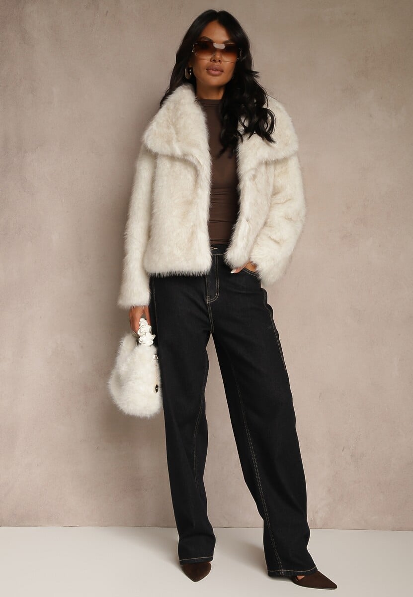 Beżowa Kurtka Futrzana Ozdobiona Kołnierzem Avelire