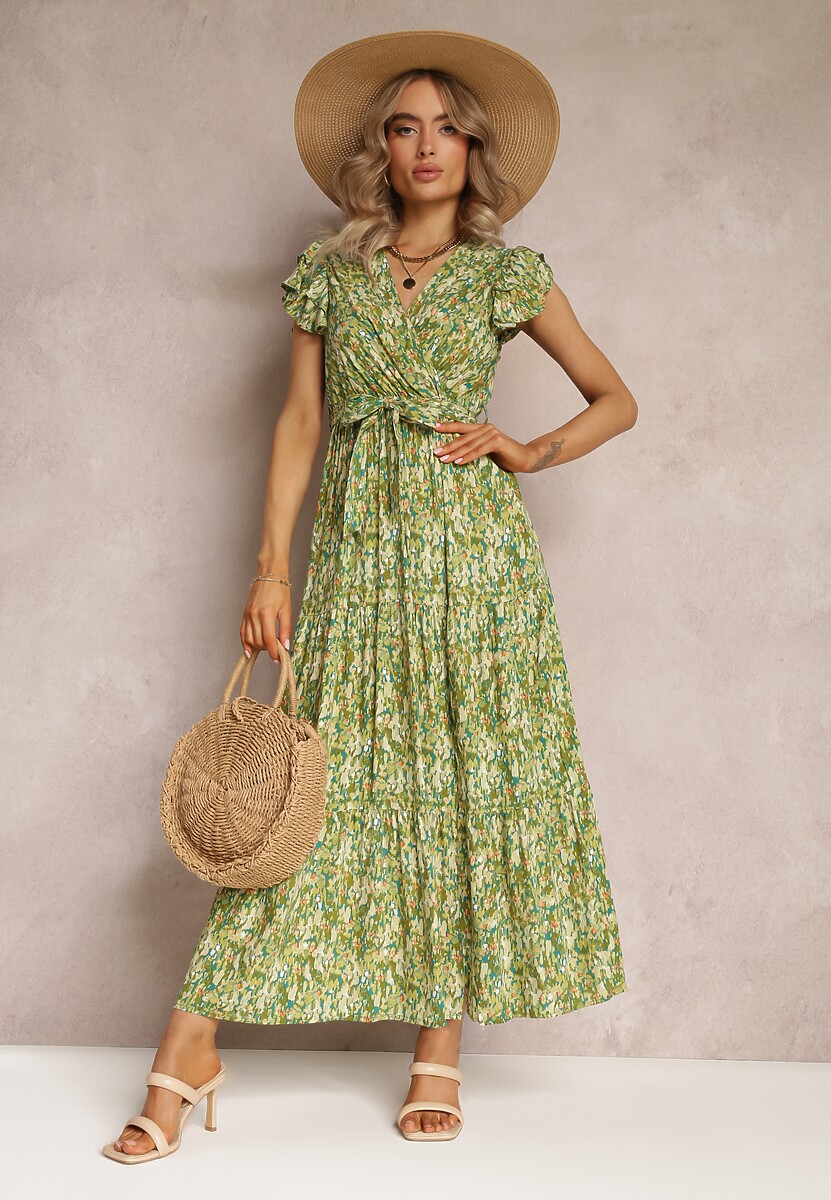 Zielona Rozkloszowana Sukienka z Gumką w Talii i Falbanką Samat