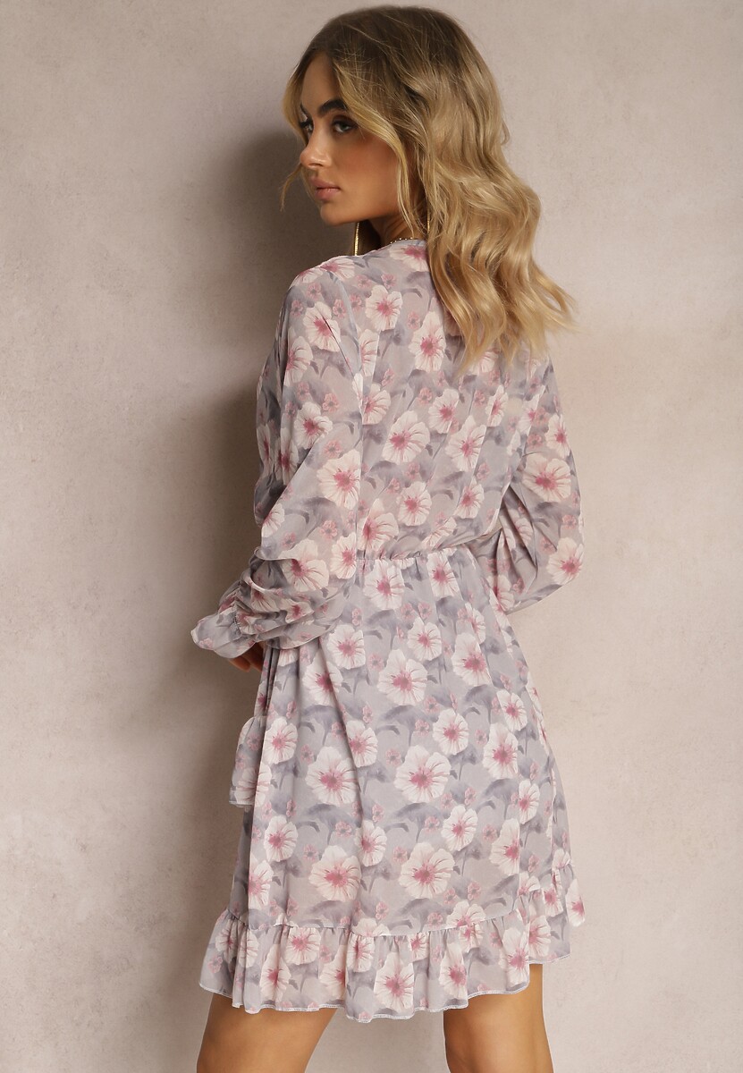 Szaro-Różowa Krótka Sukienka w Kwiatowy Wzór z Dekoltem V Icarba