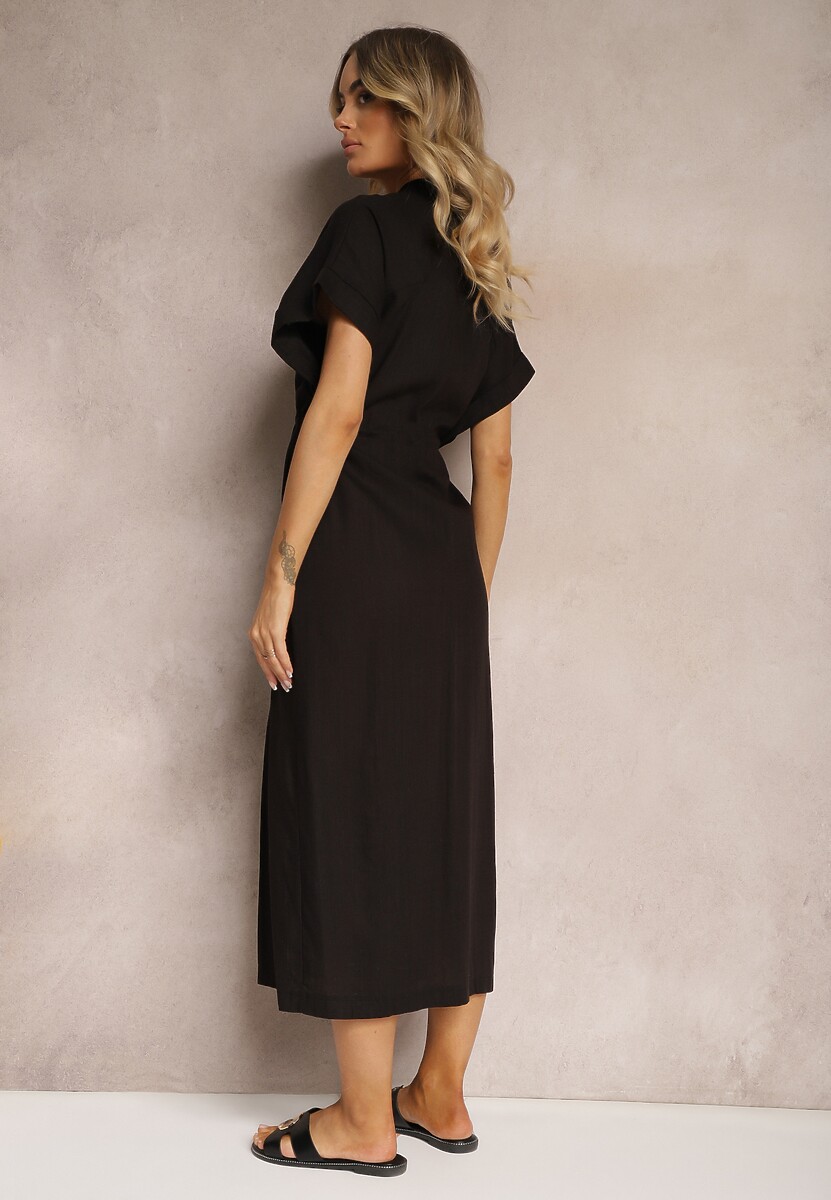 Czarna Sukienka z Bawełny z Górą o Koszulowym Kroju Ściągana w Pasie Viklia