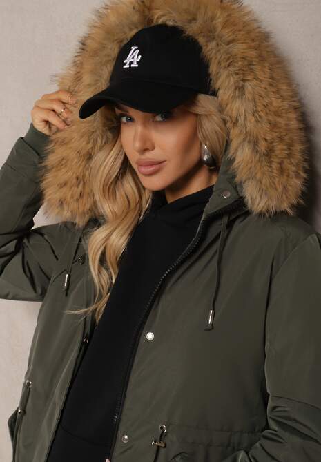 Ciemnozielona Kurtka Parka Mocno Ocieplana z Futerkiem przy Kapturze z Możliwością Odpięcia Sialthira