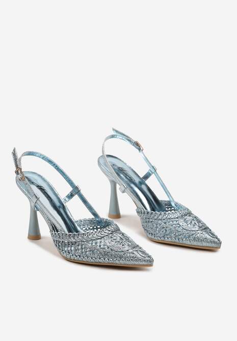 Niebieskie Sandały Sling-Back na Szpilce z Metaliczną Plecionką na Szpiczastym Nosku Nelnutia