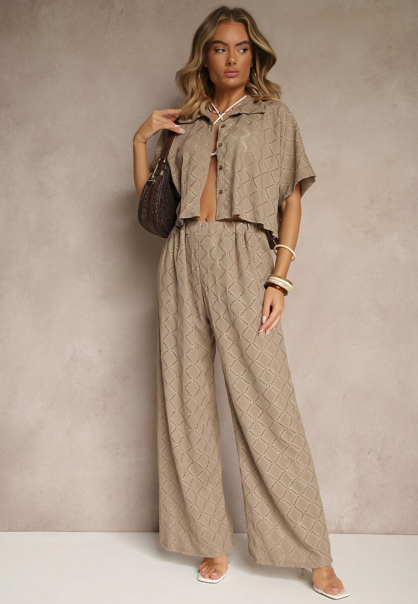 Jasnobrązowy Komplet o Ażurowym Wykończeniu Koszula i Długie Spodnie z Gumką w Pasie Bemvia