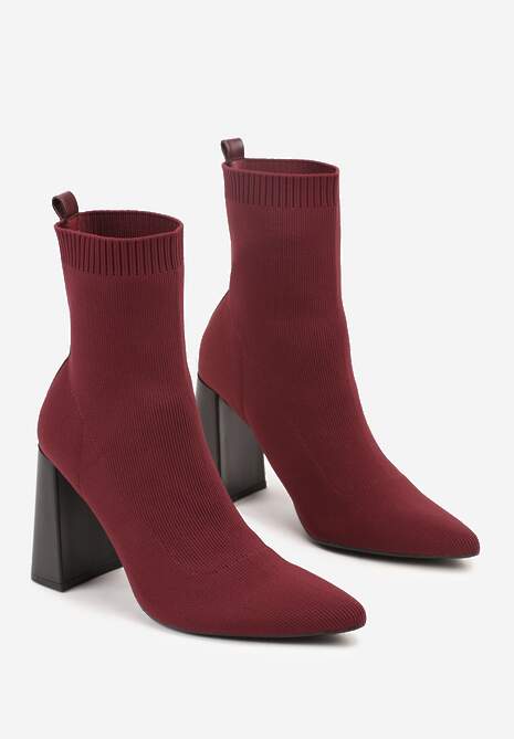 Bordowe Botki Vices na Geometrycznym Słupku ze Skarpetową Cholewką Falunelle
