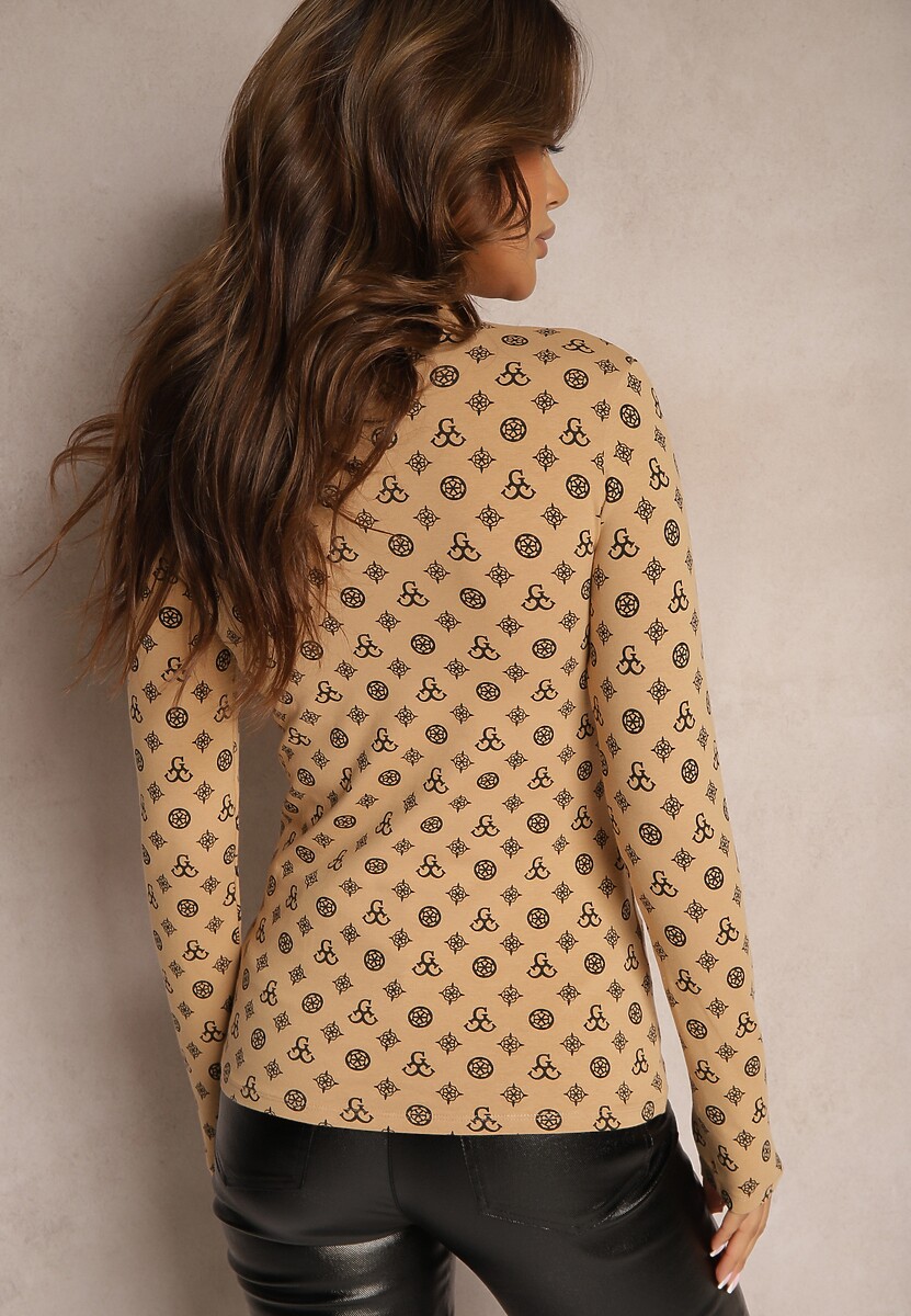 Beżowa Bawełniana Bluzka Golf Ozdobiona Geometrycznym Motywem Ahlinna