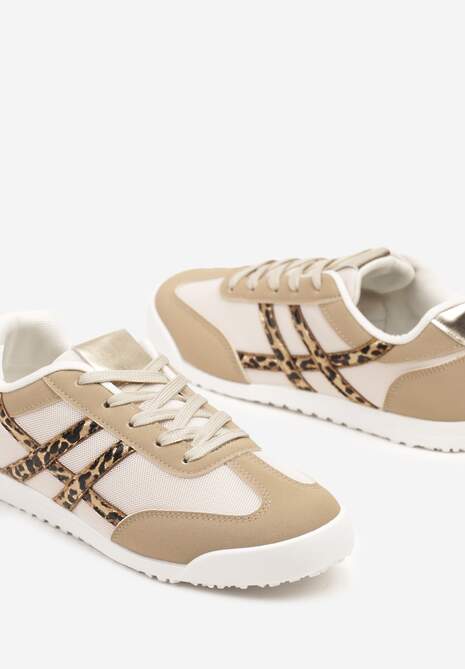 Ciemnobeżowe Sneakersy na Płaskiej Podeszwie z Geometrycznym Wzorem w Panterkę Rivmi