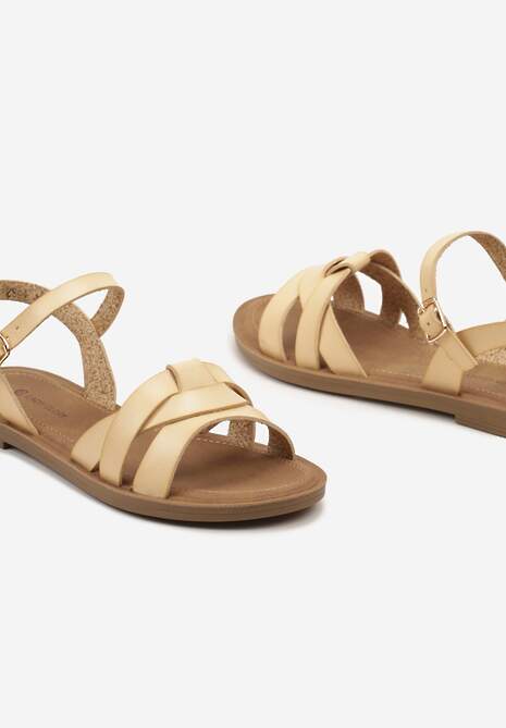 Beżowe Sandały z Imitacji Skóry na Płaskiej Podeszwie Zapinane na Sprzączkę Javera