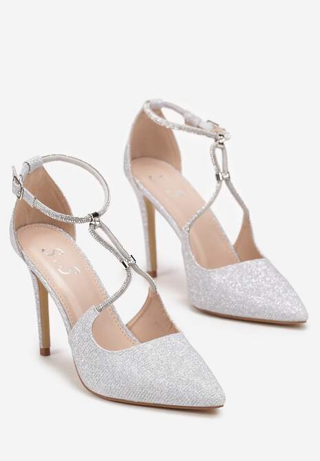 Srebrne Brokatowe Sandały na Szpilce z Paskami w Cyrkonie Nikante