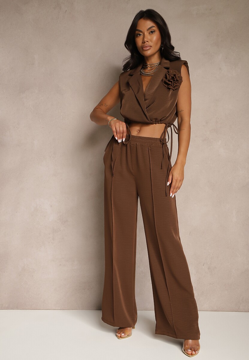 Brązowy Komplet Spodnie o Szerokim Kroju i Kopertowa Bluzka ze Ściągaczem Reavilora