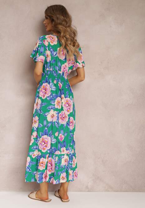 Zielona Rozkloszowana Sukienka Maxi z Gumkami w Talii i Falbankami Tayte