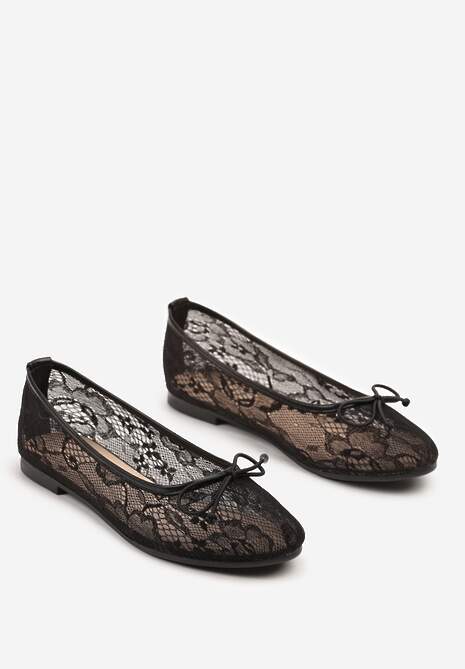 Czarne Koronkowe Balerinki Zdobione Delikatną Kokardką Senariana