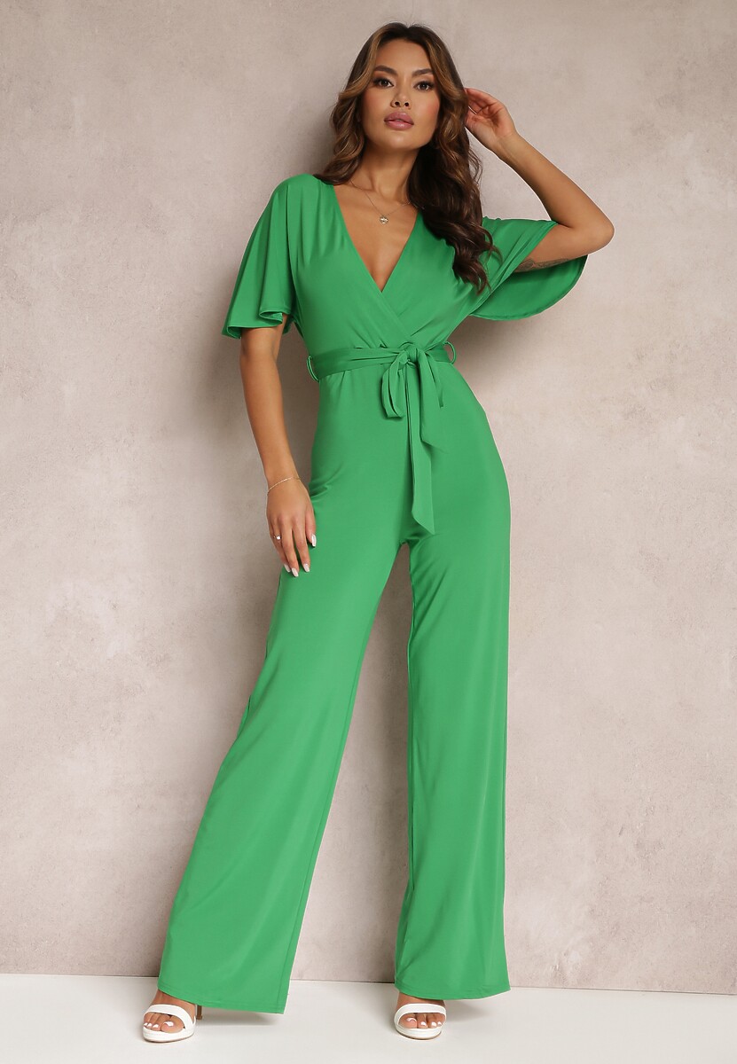 Zielony Długi Kombinezon z Wiązaniem i Głębokim Kopertowym Dekoltem Sumya