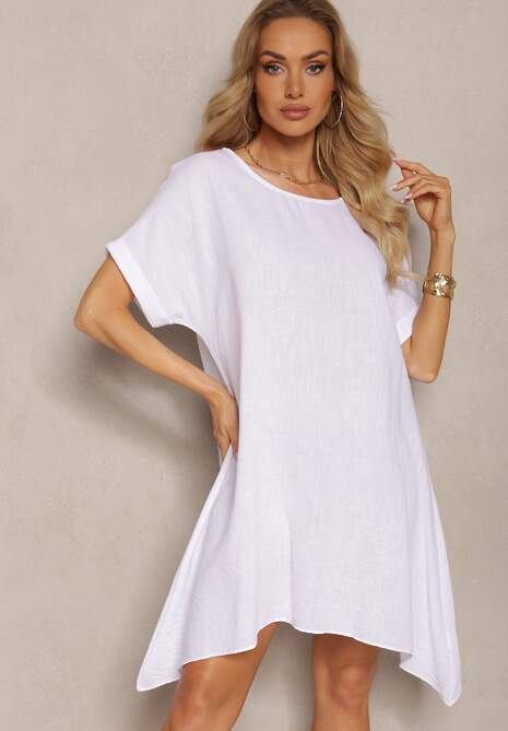 Biała Tunika Sukienka z Krótkim Rękawem i Asymetrycznym Wykończeniem Fumiana