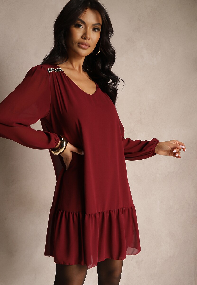 Fioletowa Sukienka z Wiskozą z Bufiastymi Rękawami i Falbanką u Dołu z Siateczki Ilita