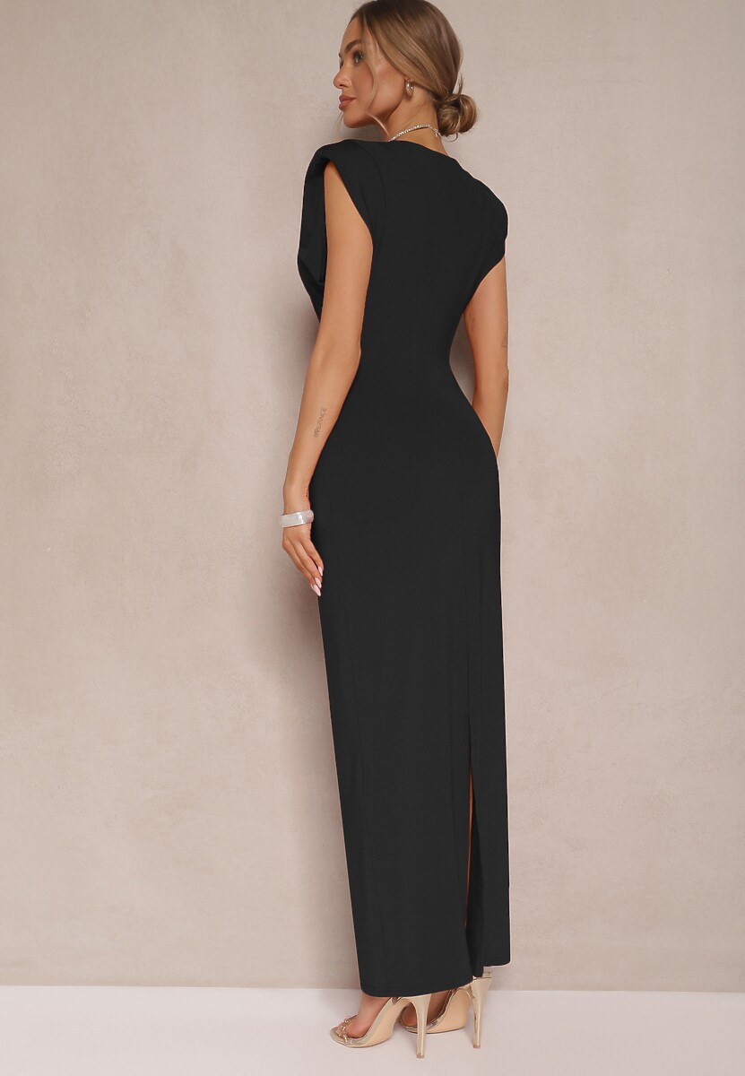 Czarna Sukienka Koktajlowa z Wiskozą Usztywnianymi Ramionami i Guzikami Melritia