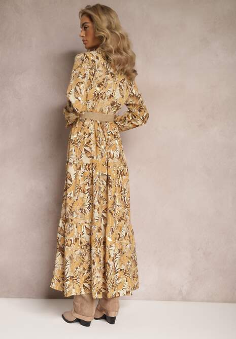 Jasnobeżowa Sukienka Maxi z Kołnierzykiem i Plecionym Paskiem Pertitus