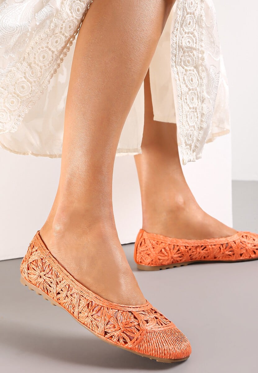 Pomarańczowe Ażurowe Balerinki z Kwadratowym Noskiem Nivono
