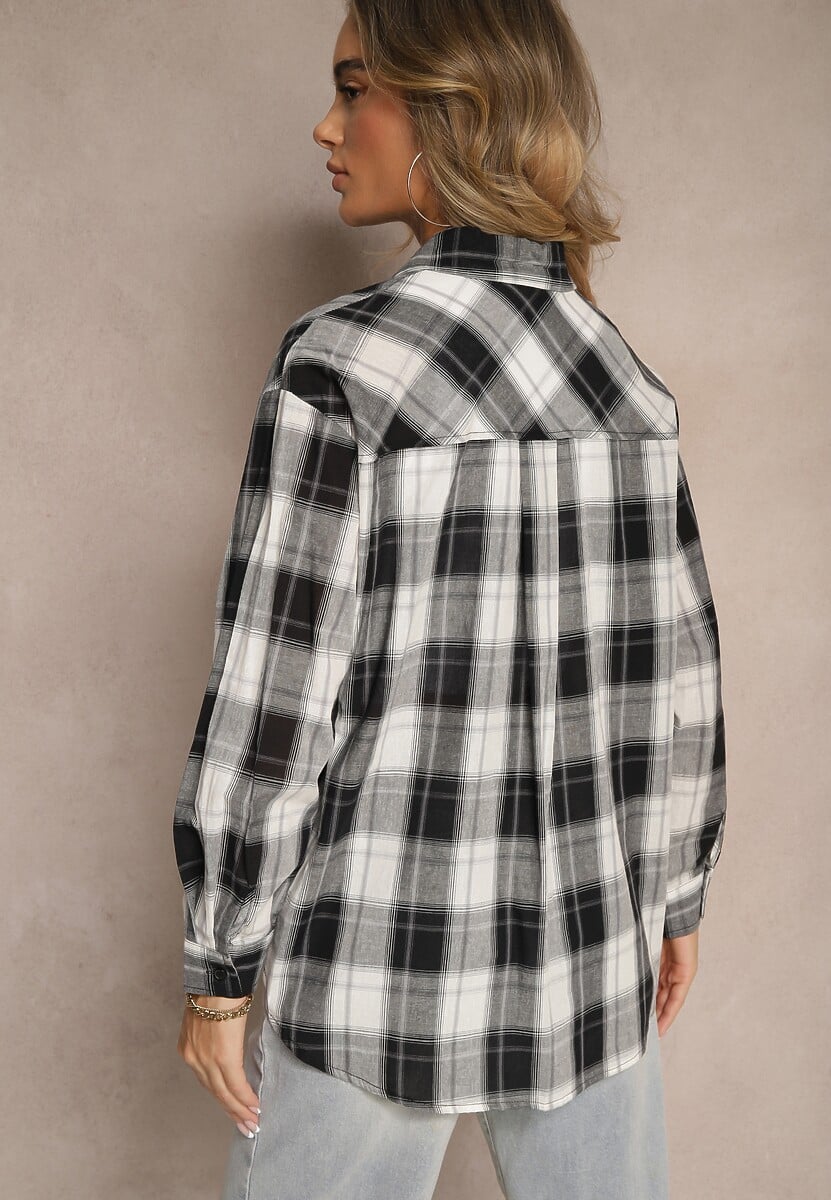 Czarno-Biała Bawełniana Koszula w Kratę z Pojedynczą Kieszonką Annisen