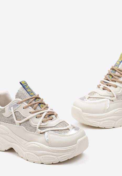 Złote Sneakersy na Grubej Podeszwie z Brokatem Giggsia