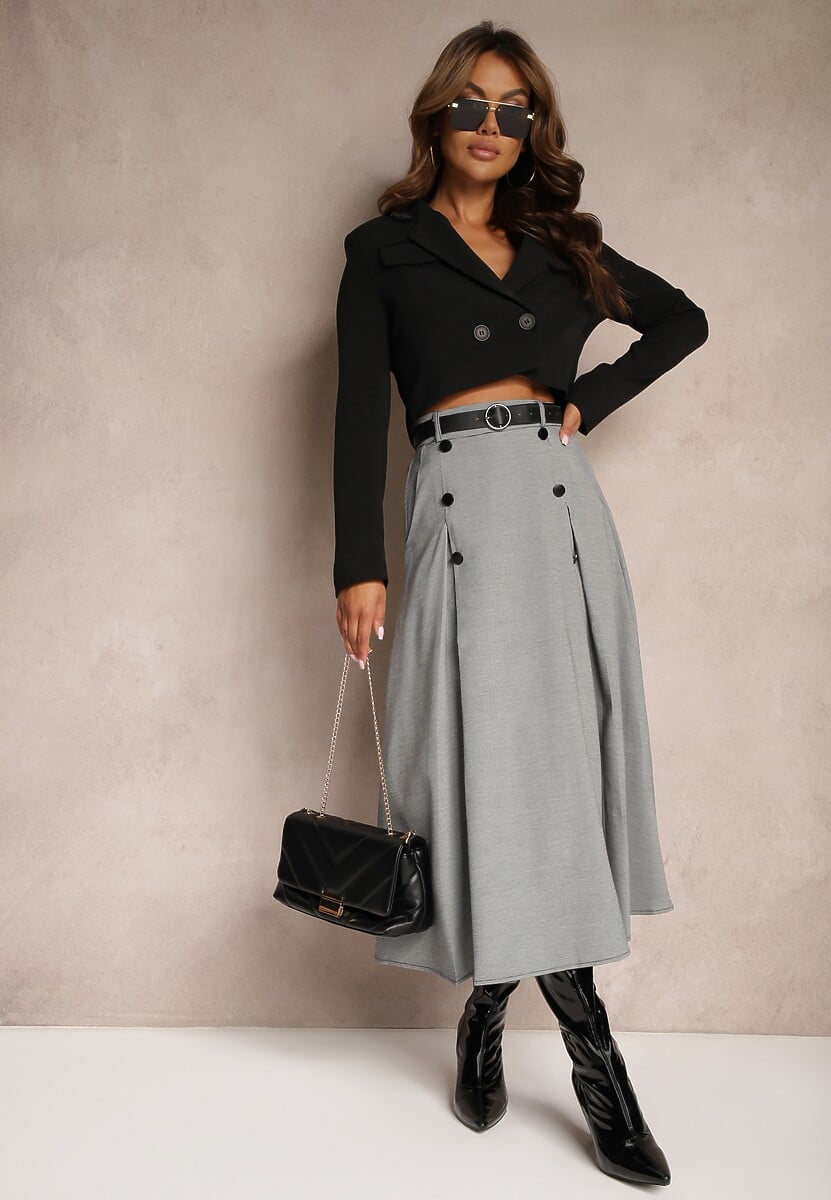 Szaro-Czarna Spódnica o Rozkloszowanym Kroju High Waist z Guzikami Paskiem i Gumką w Talii Verianne