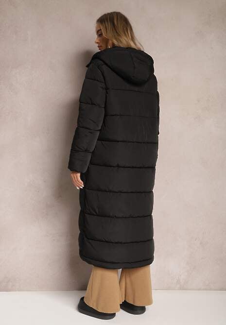 Czarna Długa Kurtka Pikowana Płaszcz z Kapturem Samonira