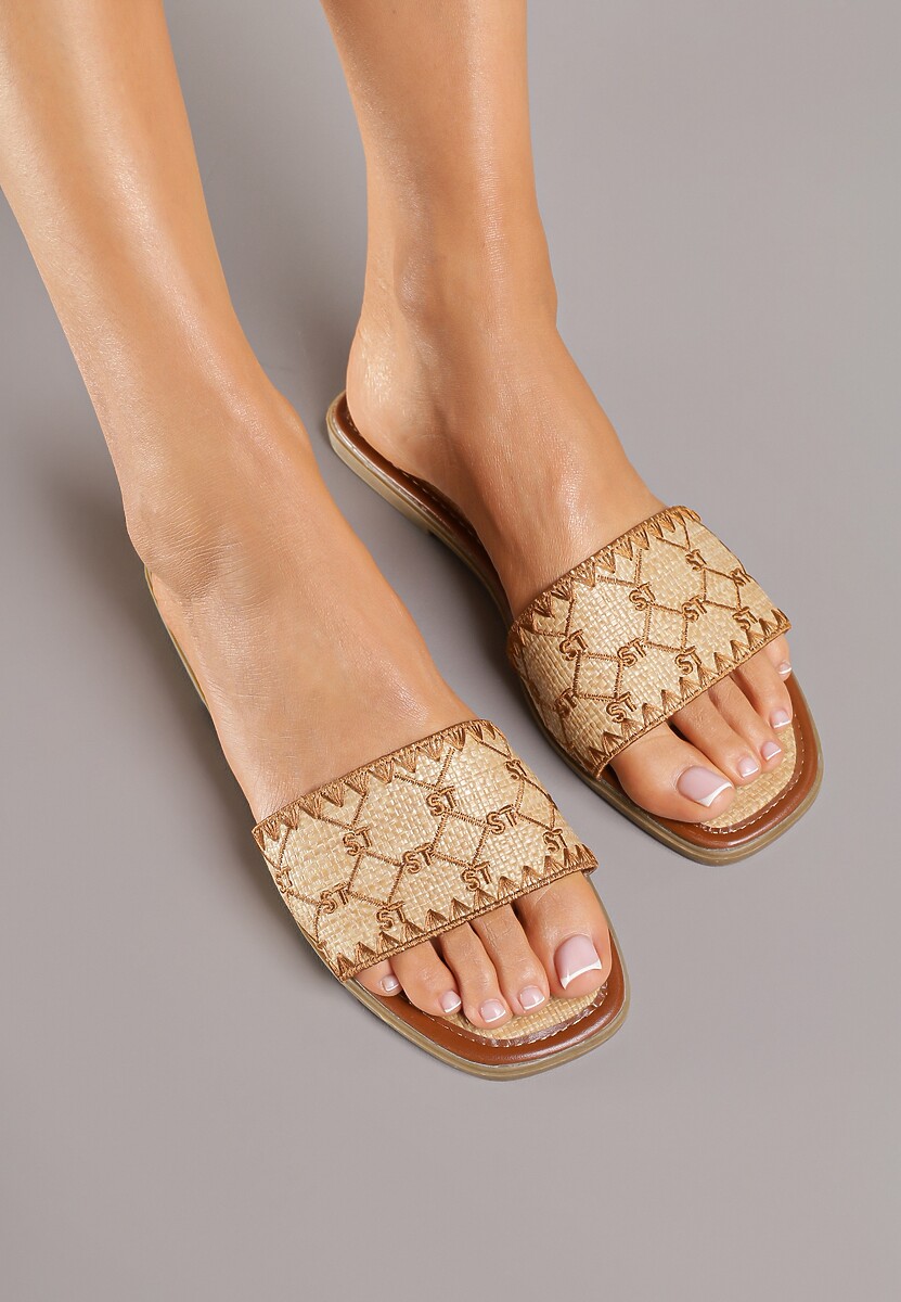 Beżowe Klapki Ozdobione Geometrycznym Motywem Zerella