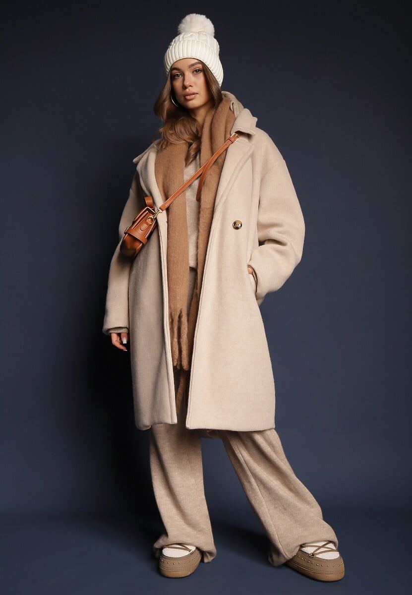 Jasnobeżowy  Dwurzędowy Płaszcz Oversize z Wełną Spolete