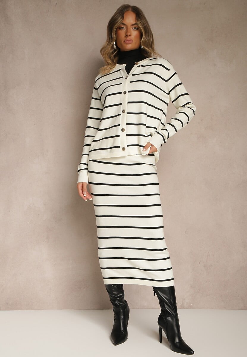 Jasnobeżowy Komplet z Wiskozą Spódnica i Bluzka z Guzikami Ozdobione Paskami Forrive