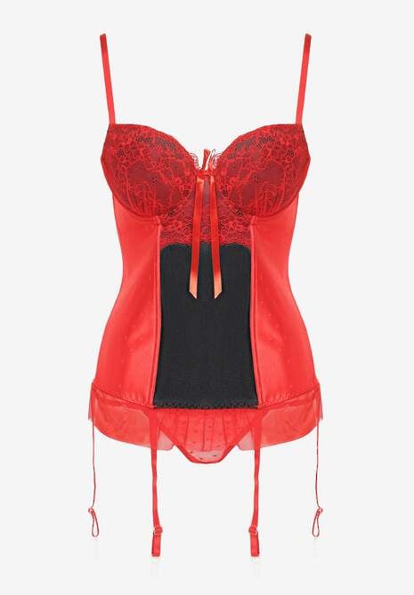 Czerwono-Czarny Koronkowy Gorset na Ramiączkach ze Stringami Paproni