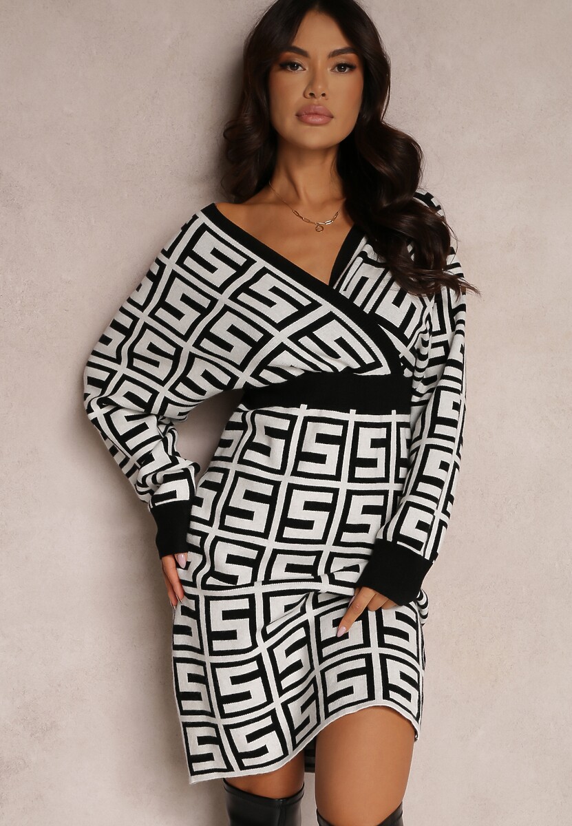 Biała Sukienka Wełniana w Geometryczny Wzór Hamu