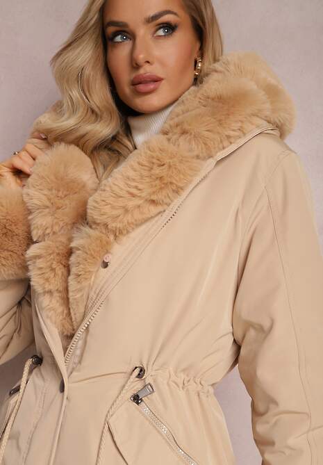 Beżowa Kurtka Parka ze Ściągaczem i Kapturem z Futerkiem Bellad