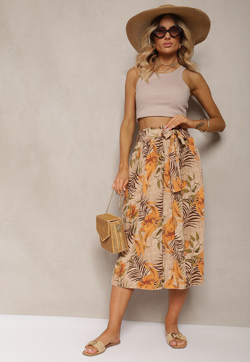 Granatowo-Pomarańczowe Spodnie High Waist z Szerokimi Nogawkami z Gumką w Talii i Materiałowym Paskiem Berlefia