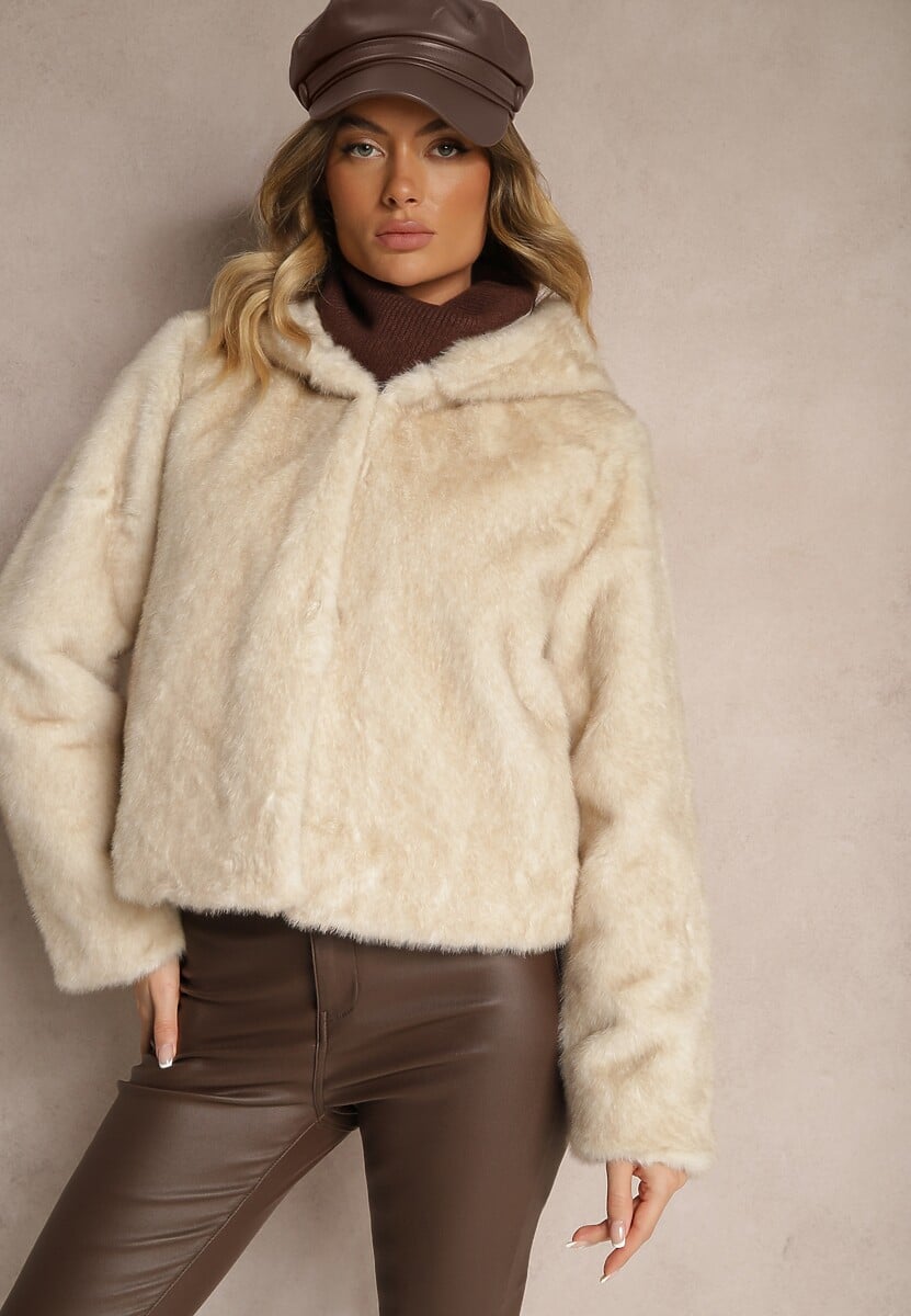 Jasnobeżowa Kurtka Futerkowa z Kapturem i Podszewką z Polarem Venorin