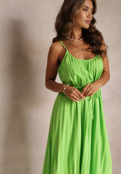 Zielona Letnia Sukienka Ozdobiona Plisowaniem i Wiązaniem w Pasie Aziel