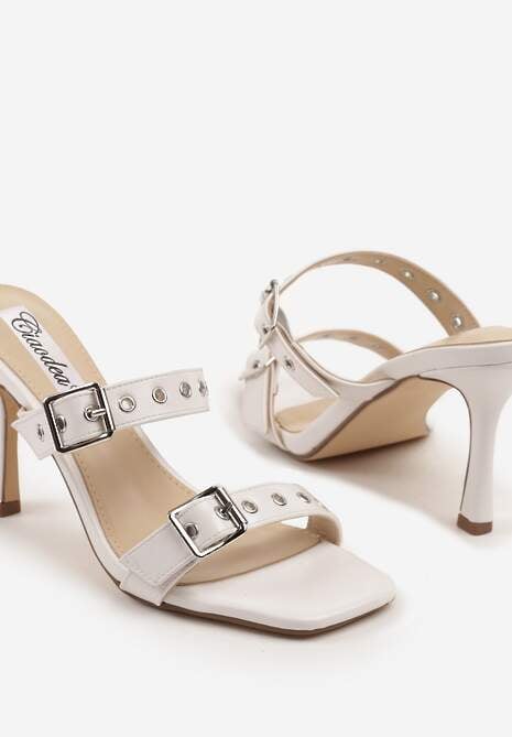 Białe Klapki na Obcasie z Kwadratowym Noskiem i Paskami ze Sprzączkami Rosaniela