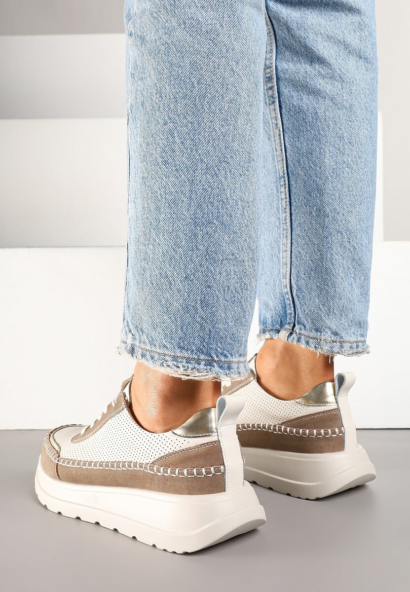Beżowo-Brązowe Sneakersy Skórzane Ozdobione Metalicznymi Wstawkami i Przeszyciami Renosa