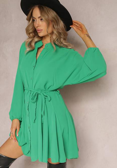 Zielona Rozkloszowana Sukienka Koszulowa z Paskiem Javiana